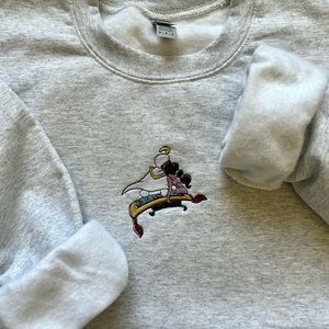 Unisex Crewneck w/ embroidered Aladdin & Jasmine. Embroidered Disney Sweater.